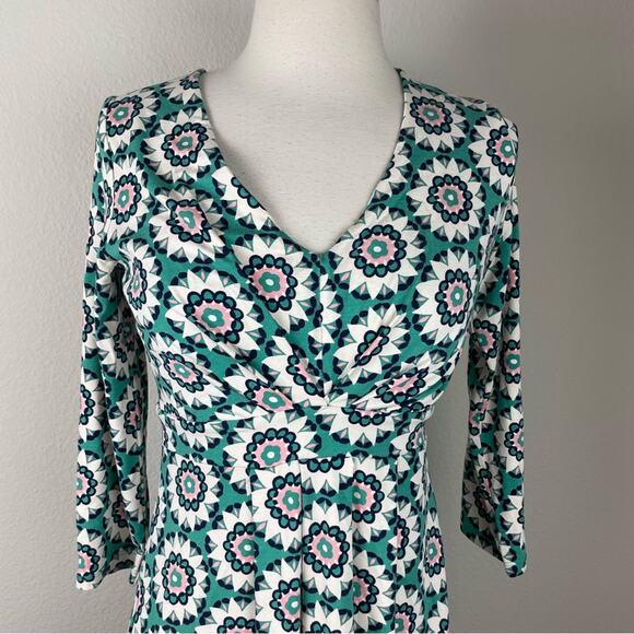 Boden Green White Pink Geometric Floral Knit Fit & Flare Dress 6 - Picture 3 of 7